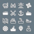 Set line Sailor captain, Cargo ship, Submarine, Lighthouse, Paddle, Sharp stone reefs, Diving mask and snorkel and