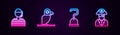Set line Sailor captain, Pirate parrot, hook and . Glowing neon icon. Vector