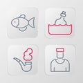 Set line Sailor captain, Smoking pipe, Bottle with message water and Fish icon. Vector Royalty Free Stock Photo