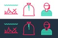 Set line Sailor captain, Sunken ship and Pirate sack icon. Vector