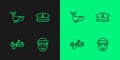 Set line Sailor, Kayak and paddle, Whale and Captain hat icon. Vector