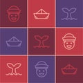 Set line Sailor, Whale tail and Folded paper boat icon. Vector