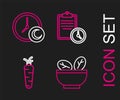 Set line Salad in bowl, Carrot, Sport training program and Time to sleep icon. Vector