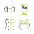 Set line Salad in bowl, Dumbbell, Sleepy and icon. Vector
