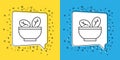 Set line Salad in bowl icon isolated on yellow and blue background. Fresh vegetable salad. Healthy eating. Vector