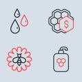 Set line Sale of honeycomb, Bee flower, Cosmetic tube with and Drops icon. Vector