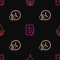 Set line Sales funnel with bitcoin, Bitcoin clock and Mining from tablet on seamless pattern. Vector