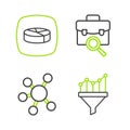 Set line Sales funnel with chart, Project team base, Work search and Pie infographic icon. Vector