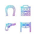 Set line Saloon door, Revolver gun, Horseshoe and Wild west saloon. Gradient color icons. Vector
