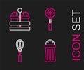 Set line Salt, Kitchen whisk, Spatula and and pepper icon. Vector