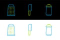 Set line Salt and pepper, Grater and Bread knife icon. Vector