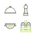 Set line Salt and pepper, Kitchen colander, Pepper and Covered with tray of food icon. Vector