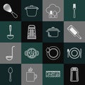 Set line Salt and pepper, Plate, fork knife, Grater, Chef hat with spoon, Kitchen ladle, whisk and Cooking pot icon Royalty Free Stock Photo