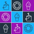 Set line Sand in bucket with shovel, Ice cream in waffle cone and Rubber swimming ring icon. Vector Royalty Free Stock Photo