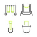Set line Sand in bucket, Shovel toy, Bungee and Double swing icon. Vector Royalty Free Stock Photo