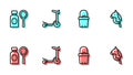 Set line Sand in bucket, Soap bubbles bottle, Roller scooter and Toy horse icon. Vector Royalty Free Stock Photo