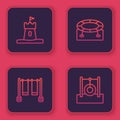 Set line Sand tower, Double swing, Jumping trampoline and Car tire hanging on rope. Blue square button. Vector