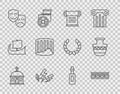 Set line Santorini building, Ancient Greek pattern, Decree, parchment, scroll, Zeus, Comedy and tragedy masks, column