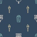 Set line Santorini building, Torch flame and Gyros Pita Greek on seamless pattern. Vector