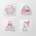 Set line Satellite dish, Rocket ship, Space capsule and Astronaut helmet icon. Vector Royalty Free Stock Photo