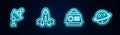 Set line Satellite dish, Rocket ship, Space capsule and Planet Saturn. Glowing neon icon. Vector