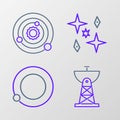 Set line Satellite dish, Satellites orbiting the planet Earth, Planet and Solar system icon. Vector