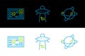 Set line Satellites orbiting the planet Earth, Futuristic hud interface and Planet icon. Vector