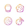 Set line Satellites orbiting the planet Earth, Planet Mars, Astronaut helmet and UFO abducts cow. Gradient color icons Royalty Free Stock Photo