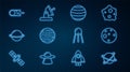 Set line Satellites orbiting the planet, Planet Mars, Venus, Saturn, Comet falling down fast, and dish icon. Vector Royalty Free Stock Photo