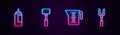 Set line Sauce bottle, Kitchen hammer, Measuring cup and Barbecue fork. Glowing neon icon. Vector Royalty Free Stock Photo