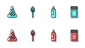 Set line Sauce bottle, Steak meat, Burning match with fire and Matchbox and matches icon. Vector