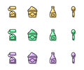 Set line Sauce bottle, Tea bag, Popcorn in cardboard box and Spoon icon. Vector