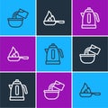 Set line Saucepan, Electric kettle and Frying icon. Vector Royalty Free Stock Photo