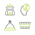 Set line Sauna bucket, hat, Yin Yang and Aroma candle icon. Vector