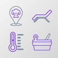 Set line Sauna bucket and ladle, thermometer, Sunbed umbrella and Massage icon. Vector Royalty Free Stock Photo