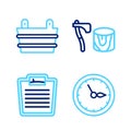 Set line Sauna clock, Bathroom scales, Wooden axe in stump and bucket icon. Vector