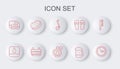 Set line Sauna clock, Water drop, ladle, Wooden beer mug, Towel stack, Bath sponge, bucket and Aftershave icon. Vector