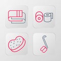 Set line Sauna ladle, Bath sponge, Toilet paper roll and Towel stack icon. Vector