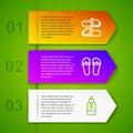 Set line Sauna slippers, Flip flops and Essential oil bottle. Business infographic template. Vector