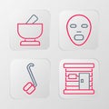 Set line Sauna wooden bathhouse, ladle, Facial cosmetic mask and Mortar and pestle icon. Vector Royalty Free Stock Photo