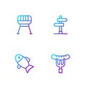 Set line Sausage on the fork, Fish, Barbecue grill and Road traffic sign. Gradient color icons. Vector