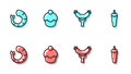 Set line Sausage on the fork, Shrimp, Muffin and Hot chili pepper icon. Vector Royalty Free Stock Photo