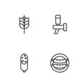 Set line Sausage, Salami sausage, Wheat and Beer tap icon. Vector