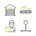 Set line Scale, Delivery man with cardboard boxes, Conveyor belt and Closed warehouse icon. Vector Royalty Free Stock Photo