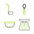Set line Scales, Bowl, Spoon and Kitchen ladle icon. Vector
