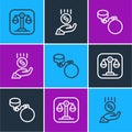 Set line Scales of justice, Ball on chain and Coins hand - minimal wage icon. Vector