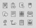 Set line Scales of justice, Document with graph chart, Safe shield, Judge gavel, Delete file document, Clipboard