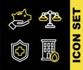 Set line Scales of justice, Fire in burning house, Health insurance and Piggy bank icon. Vector