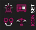 Set line Scales of justice, Handcuffs, Safe and Flasher siren icon. Vector