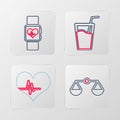 Set line Scales of justice, Heart rate, Glass with water and Smart watch heart beat icon. Vector